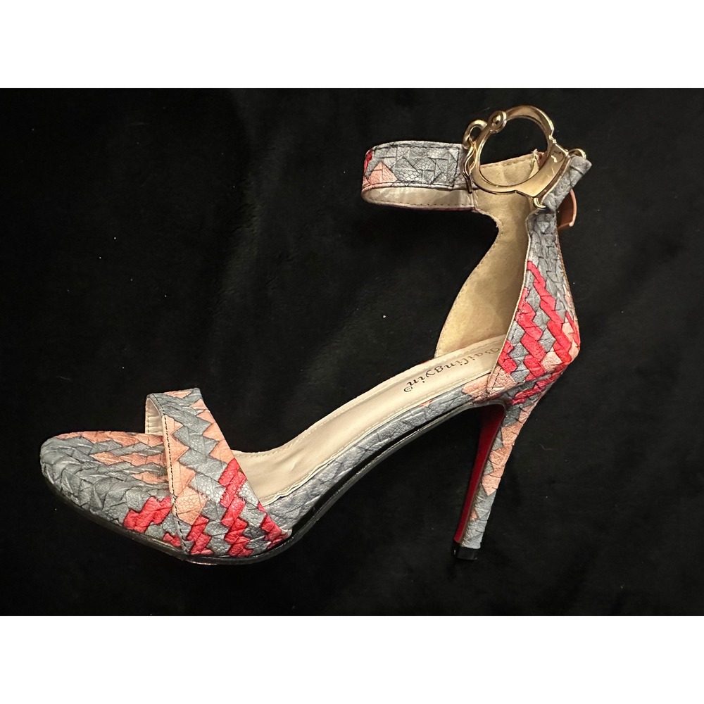 Bailingyin Woven Geometric Ankle Strap Stiletto Heels Red Bottom Grey Pink 37